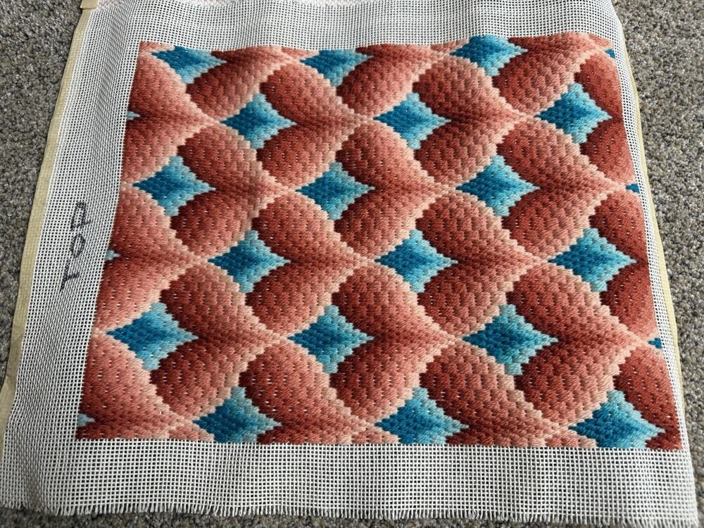 Vintage MCM Bargello Geometric Needlepoint Framed Wall Art Wavy Red Blue